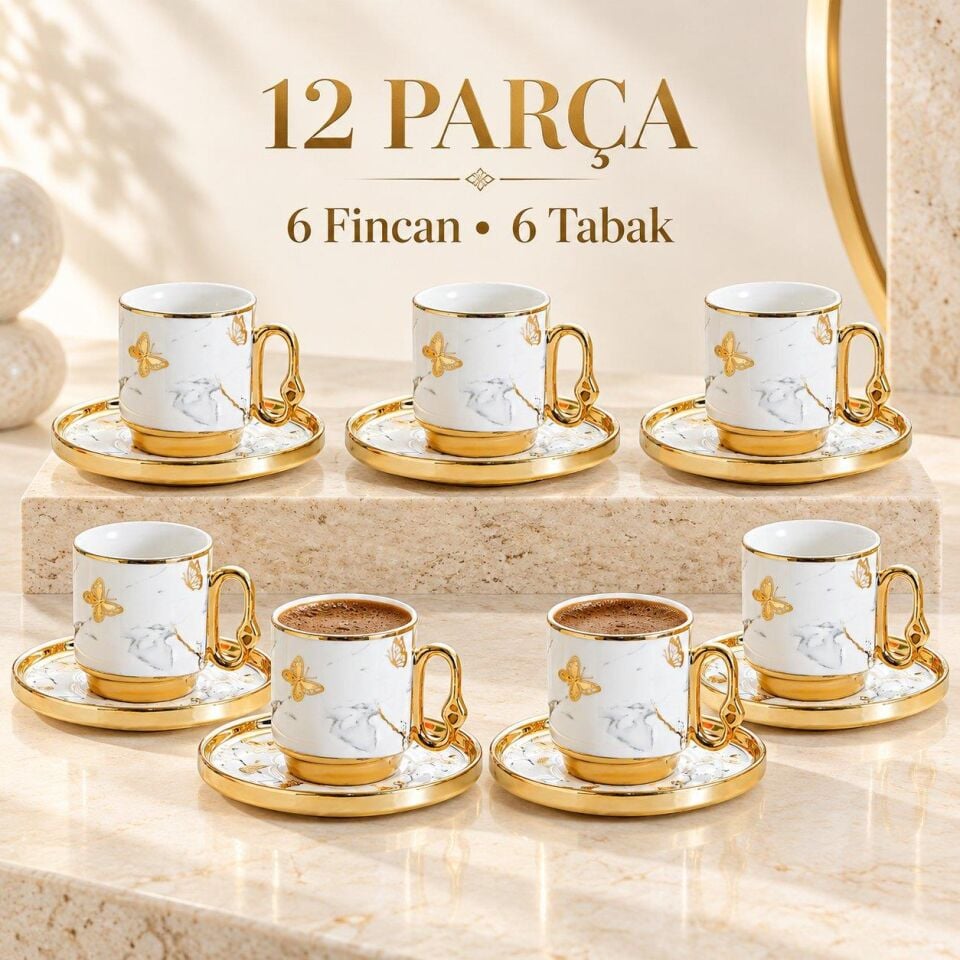 Valkyrie 12 Parça 6 Kişilik 80 ml Türk Kahvesi Fincan Takımı Gold Kelebek Desenli K651-B