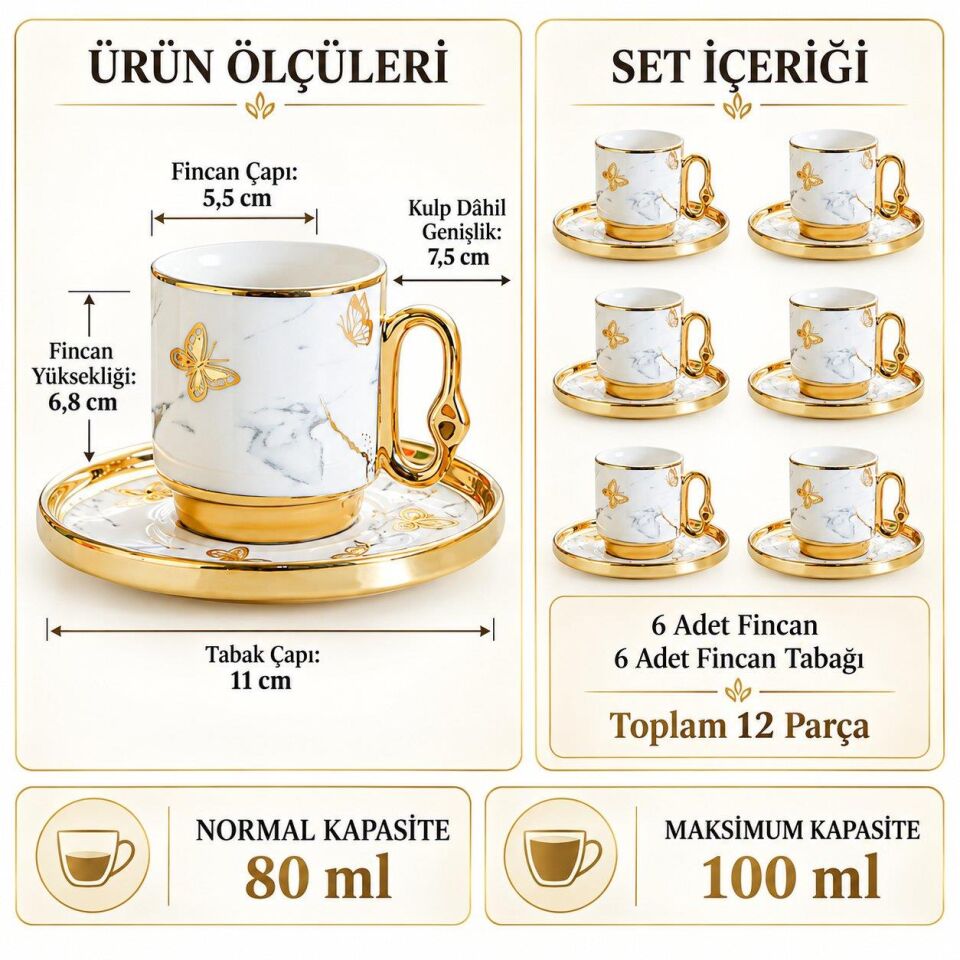 Valkyrie 12 Parça 6 Kişilik 80 ml Türk Kahvesi Fincan Takımı Gold Kelebek Desenli K651-B