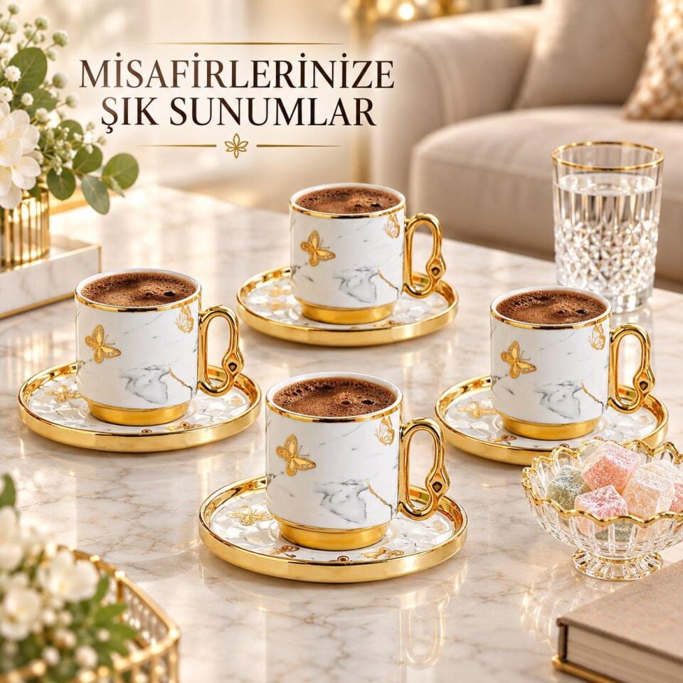 Valkyrie 12 Parça 6 Kişilik 80 ml Türk Kahvesi Fincan Takımı Gold Kelebek Desenli K651-B