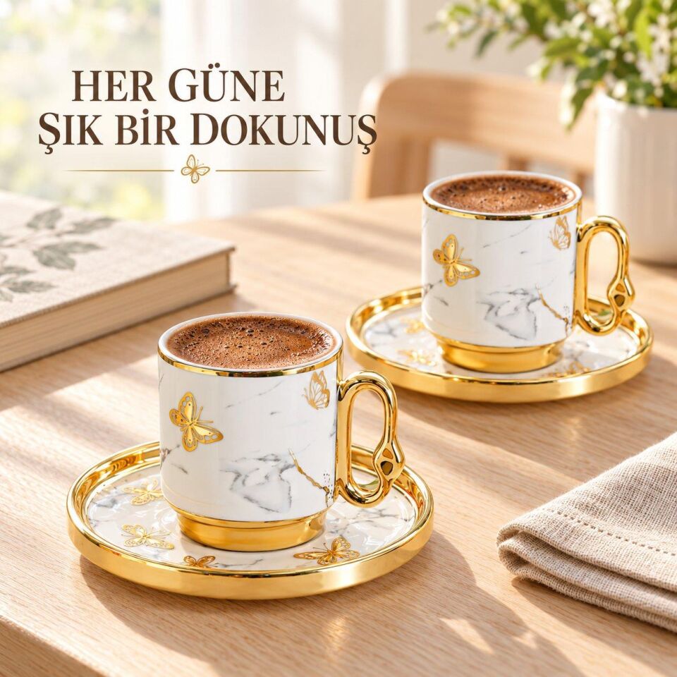 Valkyrie 12 Parça 6 Kişilik 80 ml Türk Kahvesi Fincan Takımı Gold Kelebek Desenli K651-B