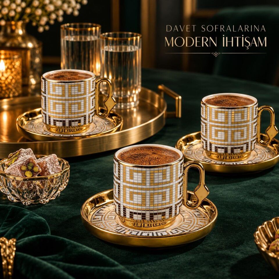 Valkyrie 12 Parça 6 Kişilik 80 ml Geometrik Desenli Türk Kahvesi Fincan Takımı Gold K651-C