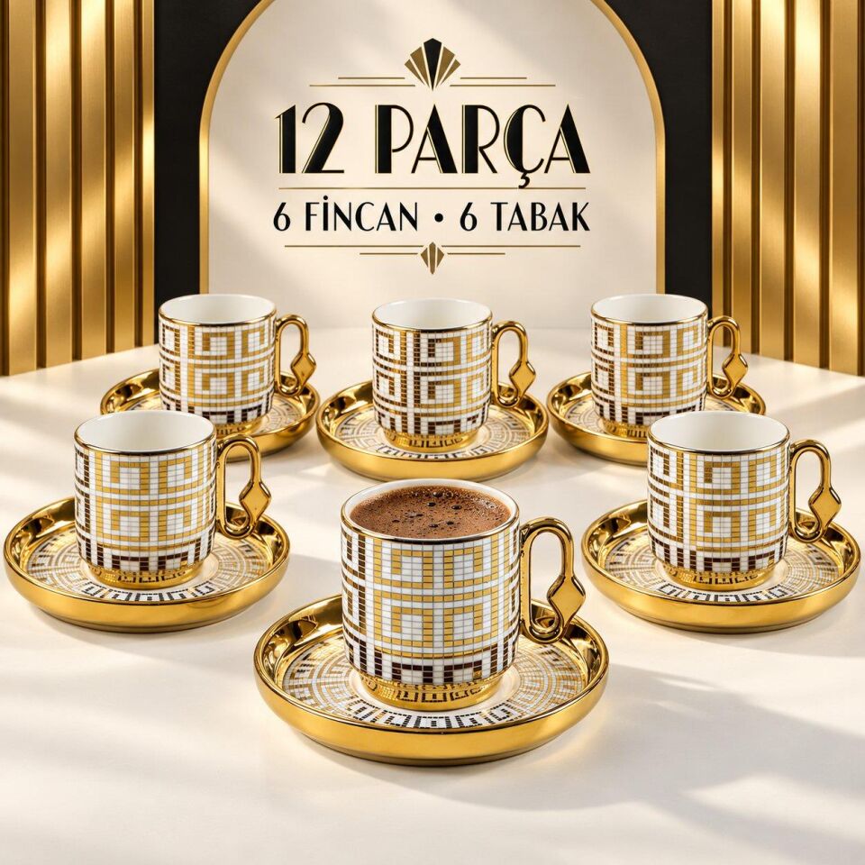 Valkyrie 12 Parça 6 Kişilik 80 ml Geometrik Desenli Türk Kahvesi Fincan Takımı Gold K651-C