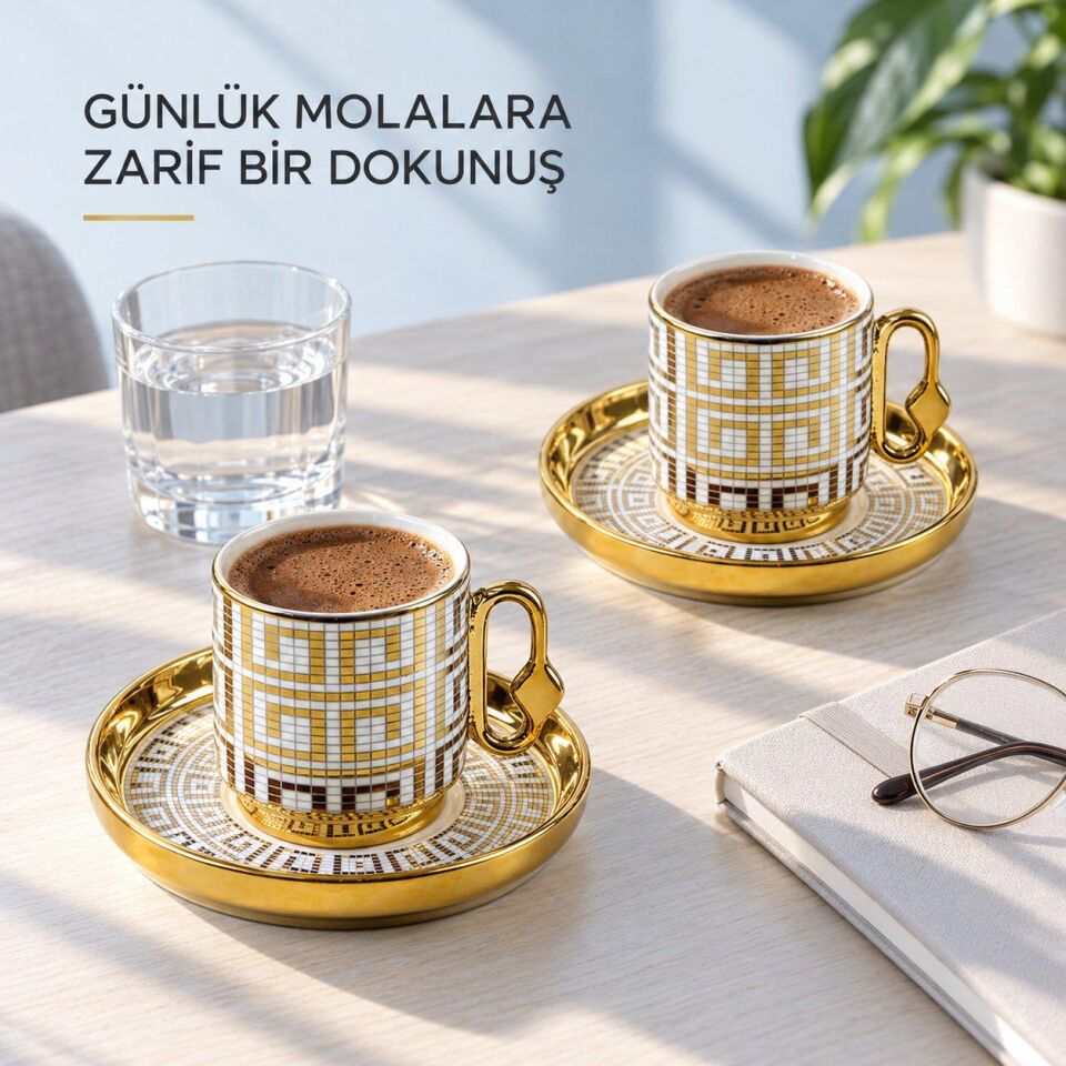Valkyrie 12 Parça 6 Kişilik 80 ml Geometrik Desenli Türk Kahvesi Fincan Takımı Gold K651-C