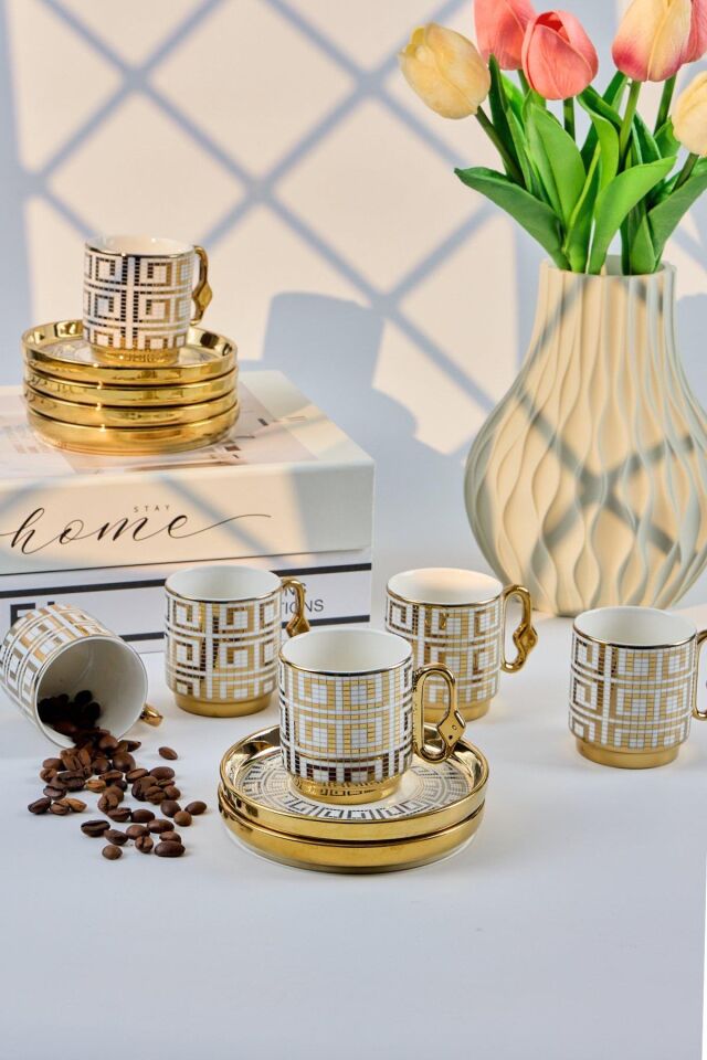 Valkyrie 12 Parça 6 Kişilik 80 ml Geometrik Desenli Türk Kahvesi Fincan Takımı Gold K651-C