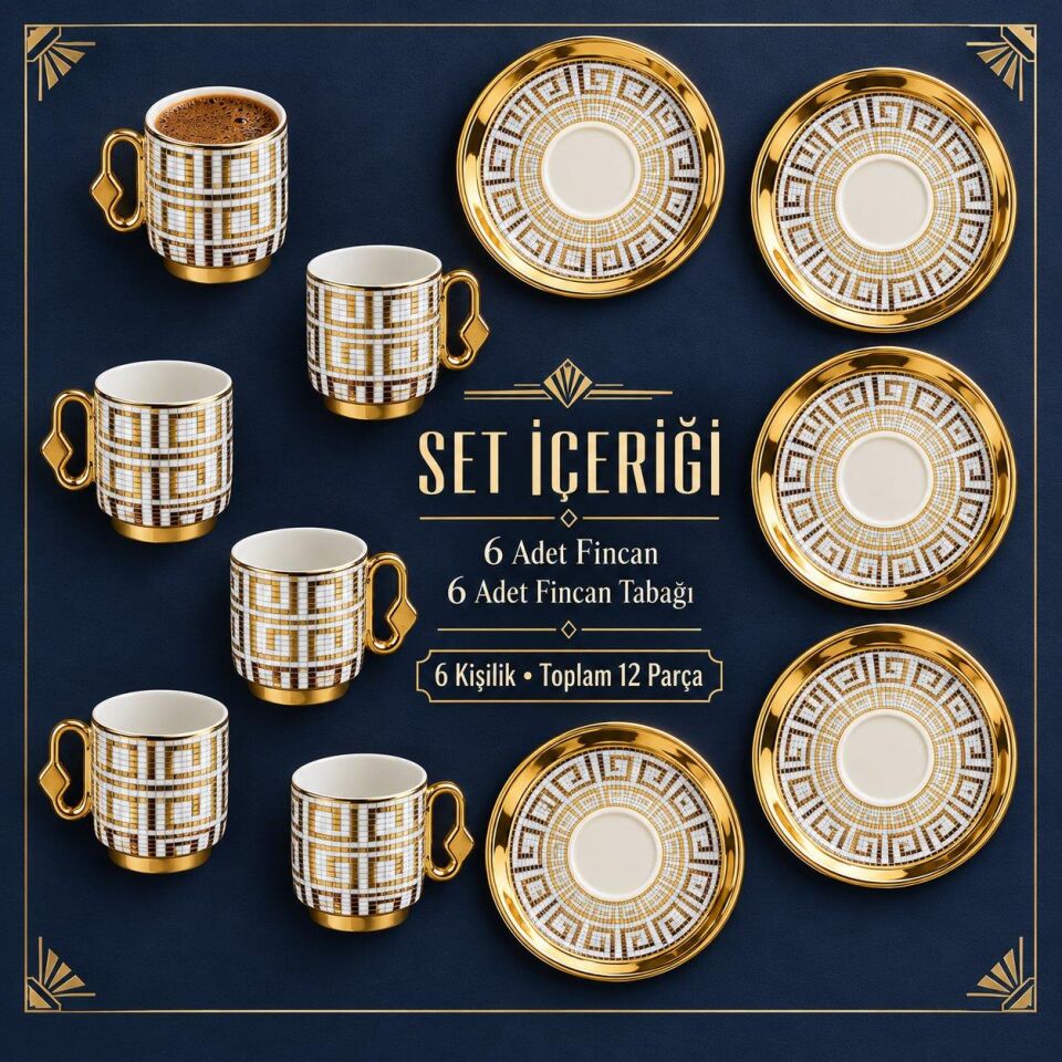 Valkyrie 12 Parça 6 Kişilik 80 ml Geometrik Desenli Türk Kahvesi Fincan Takımı Gold K651-C