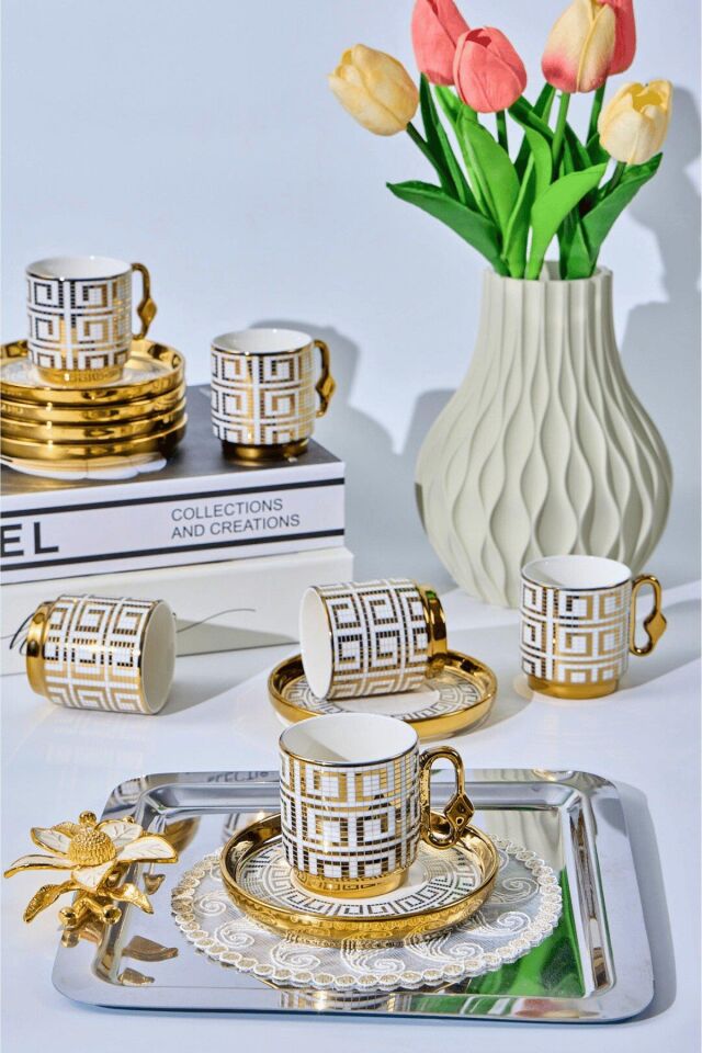 Valkyrie 12 Parça 6 Kişilik 80 ml Geometrik Desenli Türk Kahvesi Fincan Takımı Gold K651-C