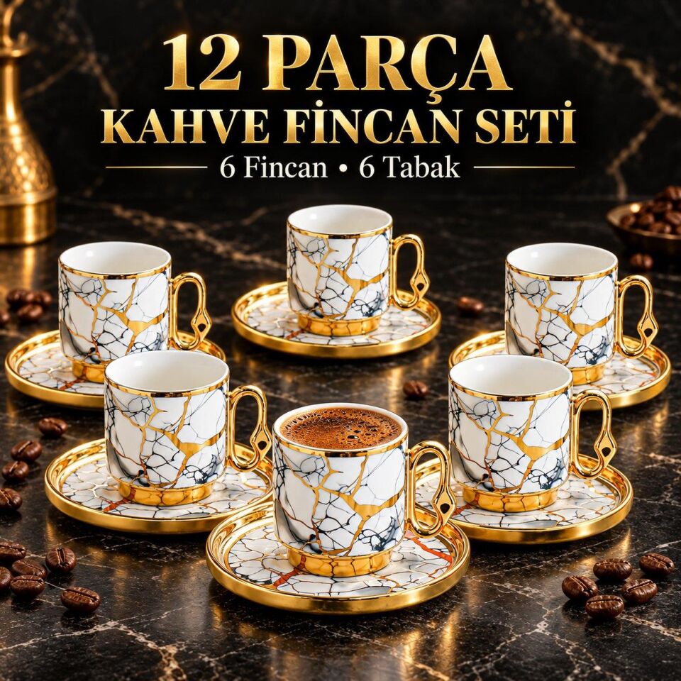 Valkyrie 12 Parça 6 Kişilik 80 ml Türk Kahvesi Fincan Takımı Gold Mermer Desenli