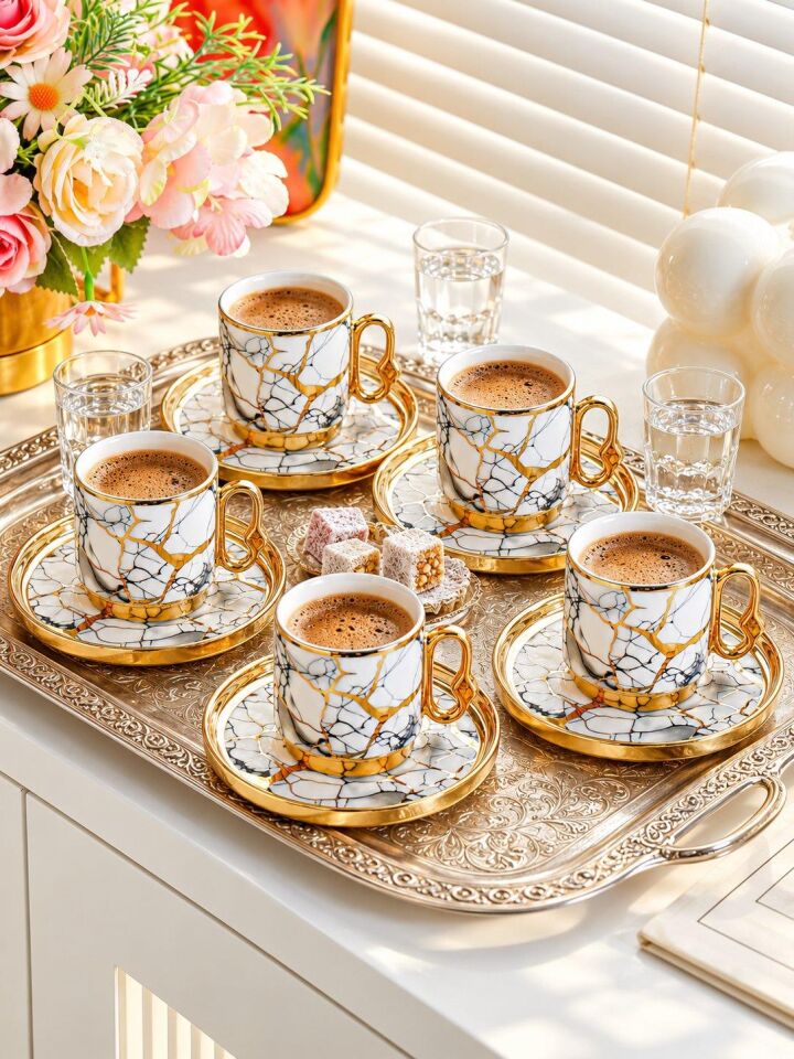 Valkyrie 12 Parça 6 Kişilik 80 ml Türk Kahvesi Fincan Takımı Gold Mermer Desenli