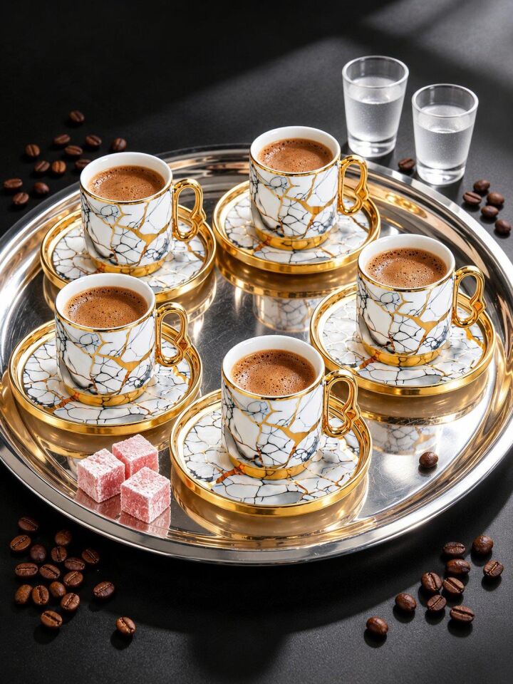 Valkyrie 12 Parça 6 Kişilik 80 ml Türk Kahvesi Fincan Takımı Gold Mermer Desenli