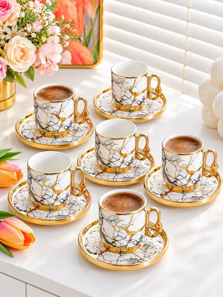 Valkyrie 12 Parça 6 Kişilik 80 ml Türk Kahvesi Fincan Takımı Gold Mermer Desenli