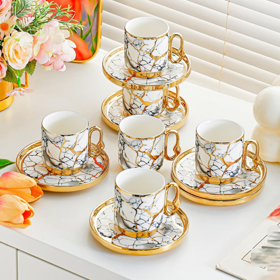 Valkyrie 12 Parça 6 Kişilik 80 ml Türk Kahvesi Fincan Takımı Gold Mermer Desenli