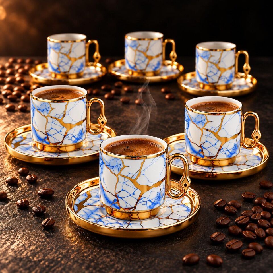Valkyrie 12 Parça 6 Kişilik 80 ml Türk Kahvesi Fincan Takımı Mavi Gold Mermer Desenli K653 mavi