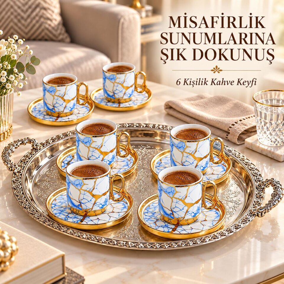 Valkyrie 12 Parça 6 Kişilik 80 ml Türk Kahvesi Fincan Takımı Mavi Gold Mermer Desenli K653 mavi