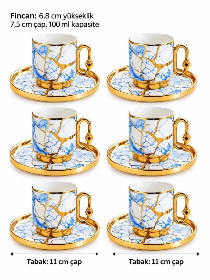 Valkyrie 12 Parça 6 Kişilik 80 ml Türk Kahvesi Fincan Takımı Mavi Gold Mermer Desenli K653 mavi
