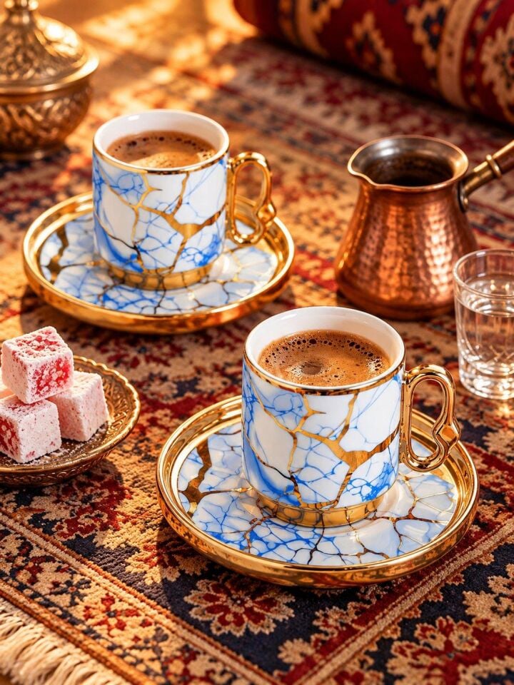 Valkyrie 12 Parça 6 Kişilik 80 ml Türk Kahvesi Fincan Takımı Mavi Gold Mermer Desenli K653 mavi