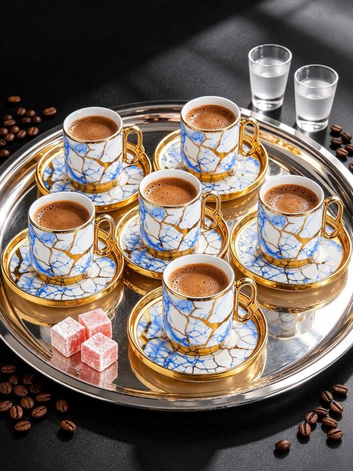 Valkyrie 12 Parça 6 Kişilik 80 ml Türk Kahvesi Fincan Takımı Mavi Gold Mermer Desenli K653 mavi