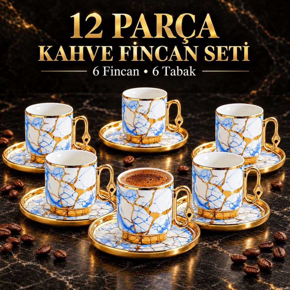 Valkyrie 12 Parça 6 Kişilik 80 ml Türk Kahvesi Fincan Takımı Mavi Gold Mermer Desenli K653 mavi