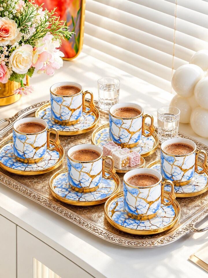 Valkyrie 12 Parça 6 Kişilik 80 ml Türk Kahvesi Fincan Takımı Mavi Gold Mermer Desenli K653 mavi