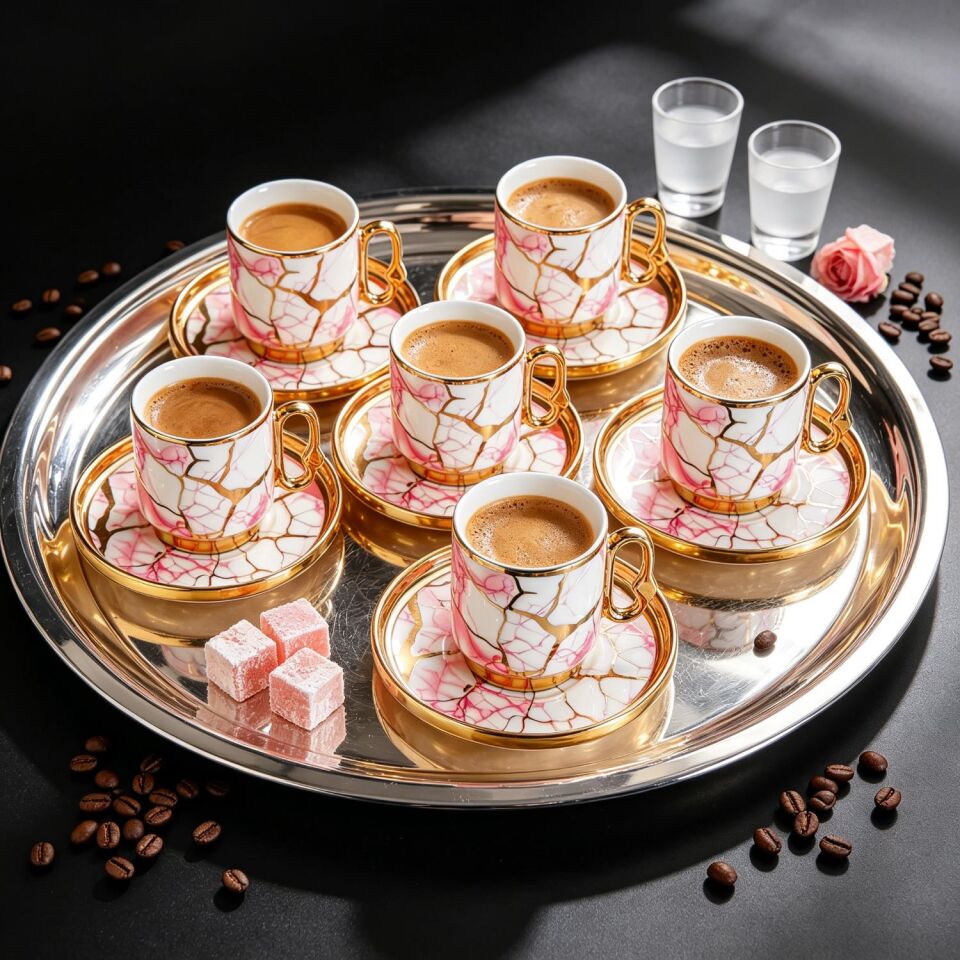 Valkyrie 12 Parça 6 Kişilik 80 ml Türk Kahvesi Fincan Seti Pembe Mermer Desenli Gold Detay K653 Pembe