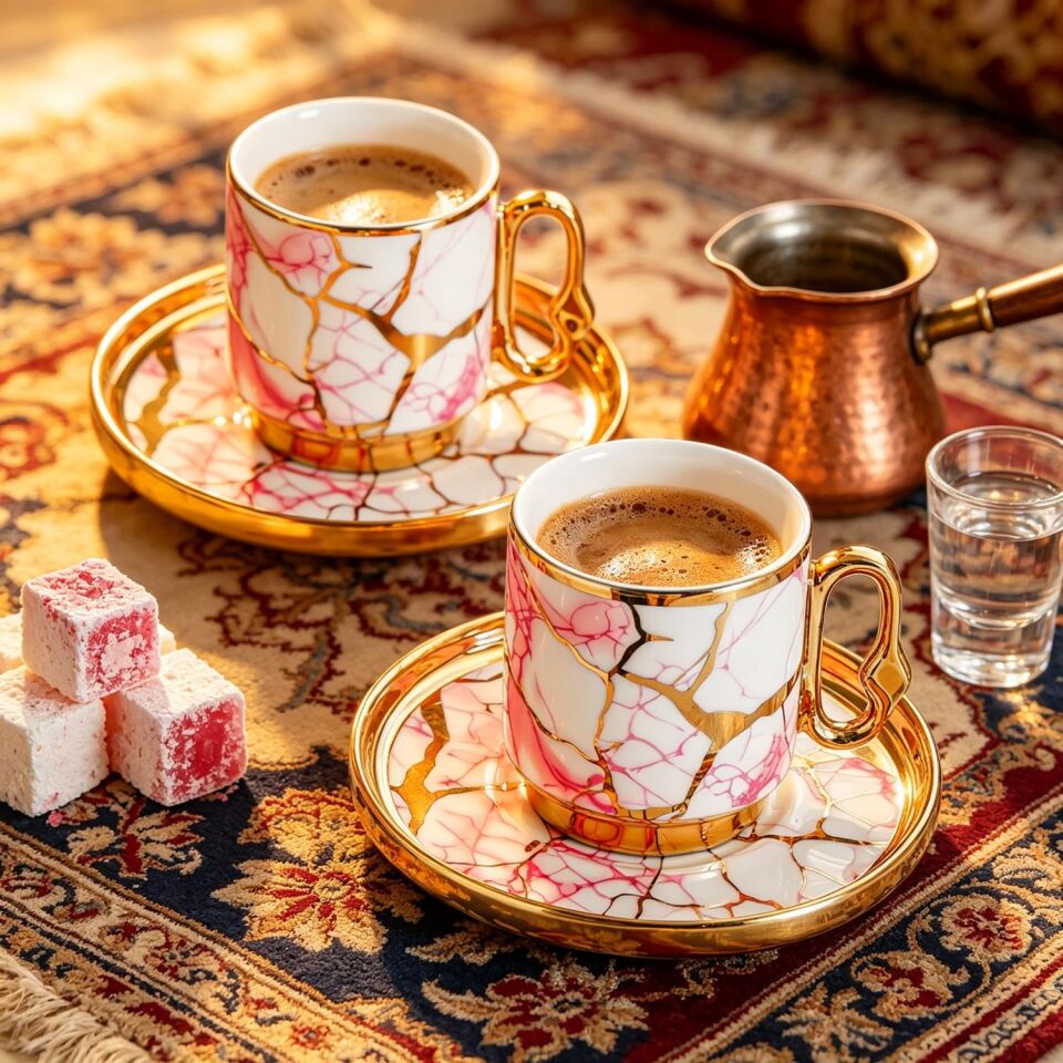 Valkyrie 12 Parça 6 Kişilik 80 ml Türk Kahvesi Fincan Seti Pembe Mermer Desenli Gold Detay K653 Pembe