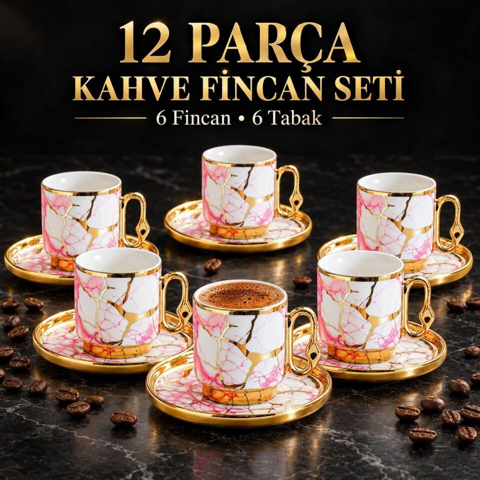 Valkyrie 12 Parça 6 Kişilik 80 ml Türk Kahvesi Fincan Seti Pembe Mermer Desenli Gold Detay K653 Pembe