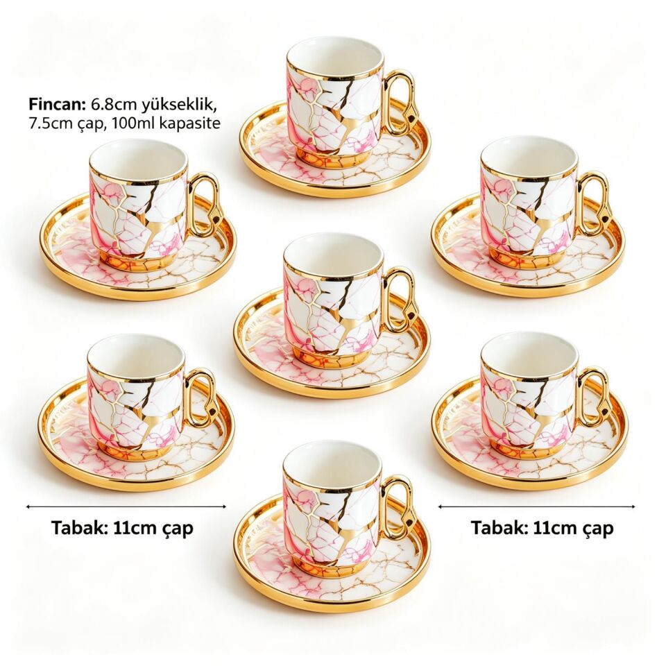 Valkyrie 12 Parça 6 Kişilik 80 ml Türk Kahvesi Fincan Seti Pembe Mermer Desenli Gold Detay K653 Pembe