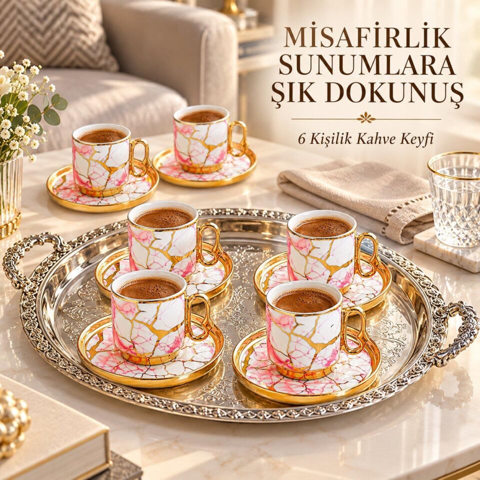 Valkyrie 12 Parça 6 Kişilik 80 ml Türk Kahvesi Fincan Seti Pembe Mermer Desenli Gold Detay K653 Pembe