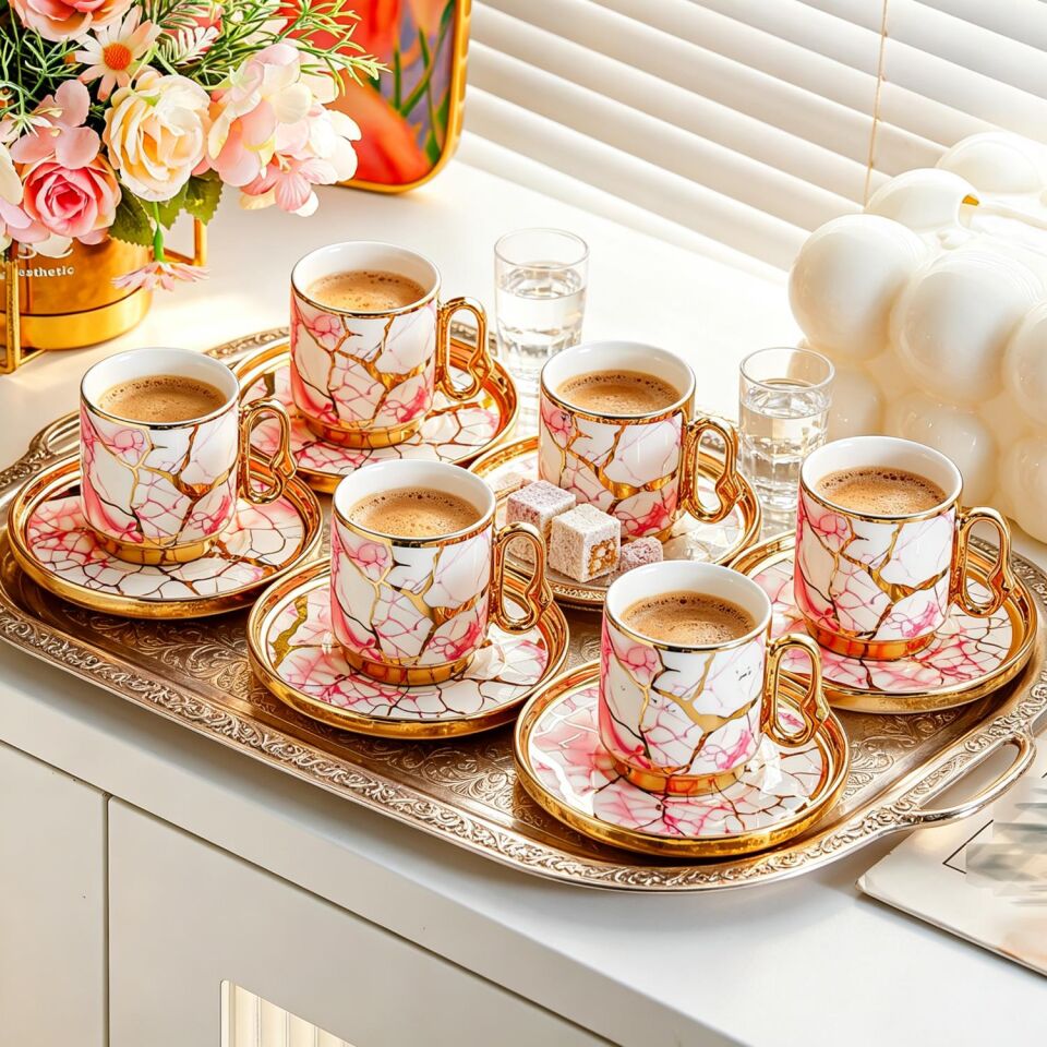 Valkyrie 12 Parça 6 Kişilik 80 ml Türk Kahvesi Fincan Seti Pembe Mermer Desenli Gold Detay K653 Pembe