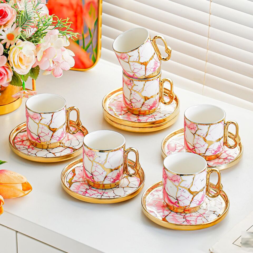 Valkyrie 12 Parça 6 Kişilik 80 ml Türk Kahvesi Fincan Seti Pembe Mermer Desenli Gold Detay K653 Pembe