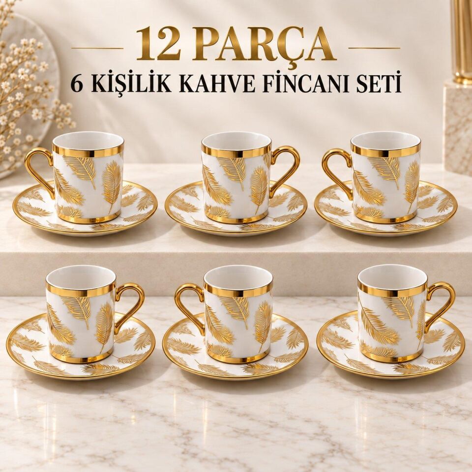 Valkyrie 12 Parça 6 Kişilik 80 ml Türk Kahvesi Fincan Takımı Gold Yaprak Desenli K654-B