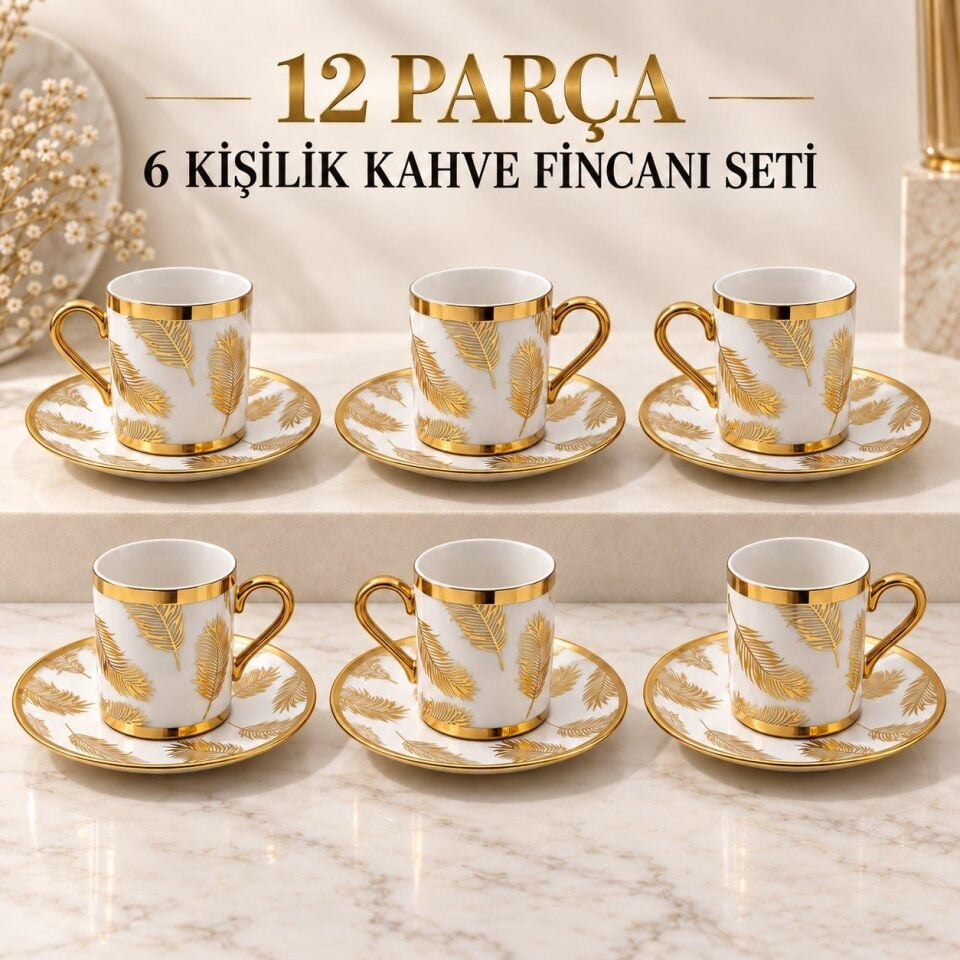 Valkyrie 12 Parça 6 Kişilik 80 ml Türk Kahvesi Fincan Takımı Gold Yaprak Desenli K654-B