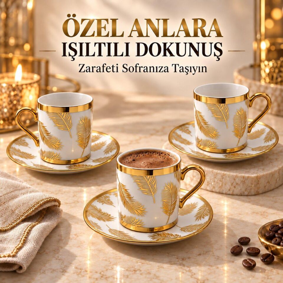 Valkyrie 12 Parça 6 Kişilik 80 ml Türk Kahvesi Fincan Takımı Gold Yaprak Desenli K654-B