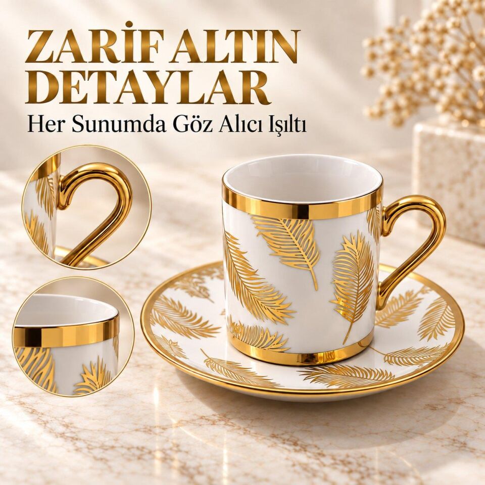 Valkyrie 12 Parça 6 Kişilik 80 ml Türk Kahvesi Fincan Takımı Gold Yaprak Desenli K654-B