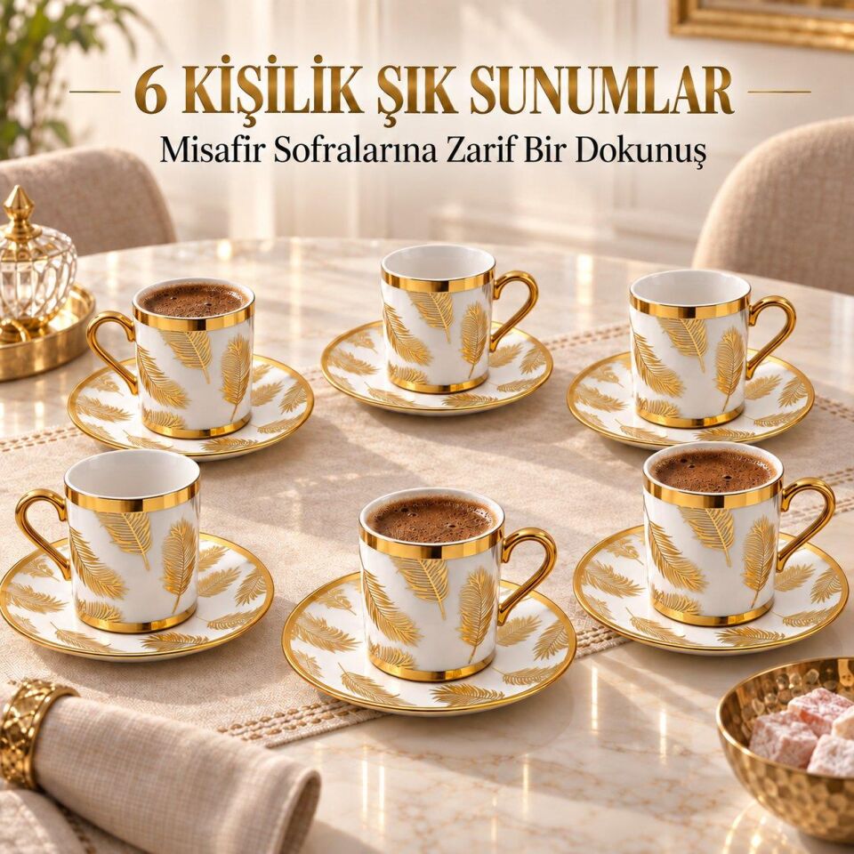 Valkyrie 12 Parça 6 Kişilik 80 ml Türk Kahvesi Fincan Takımı Gold Yaprak Desenli K654-B