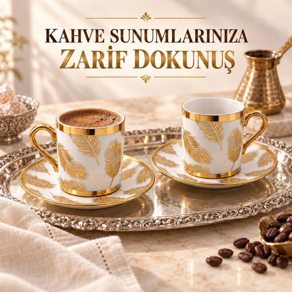 Valkyrie 12 Parça 6 Kişilik 80 ml Türk Kahvesi Fincan Takımı Gold Yaprak Desenli K654-B