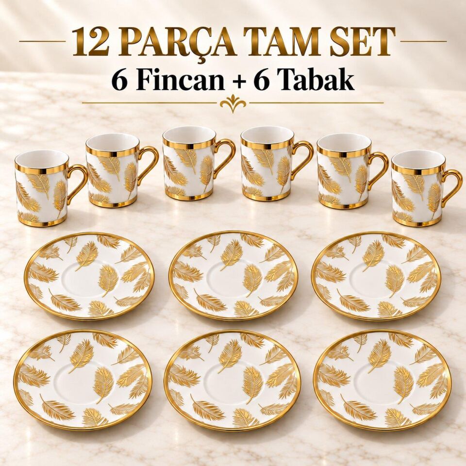 Valkyrie 12 Parça 6 Kişilik 80 ml Türk Kahvesi Fincan Takımı Gold Yaprak Desenli K654-B