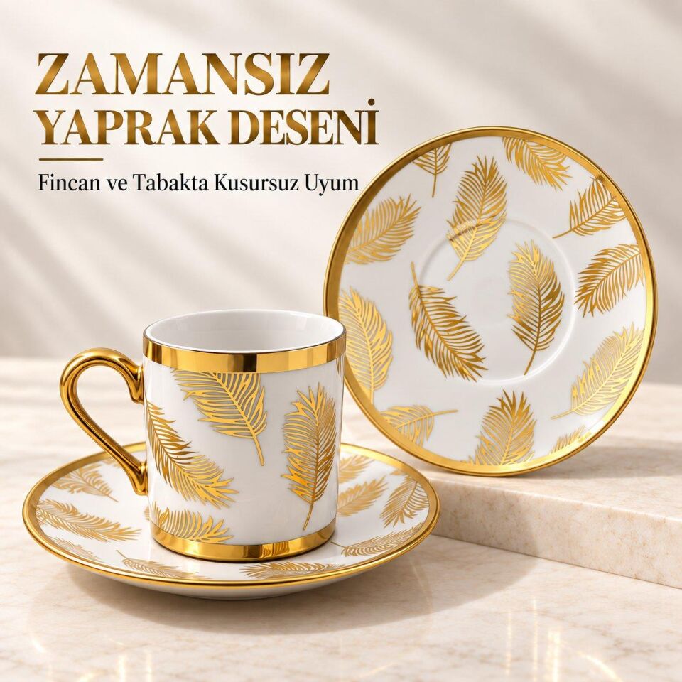 Valkyrie 12 Parça 6 Kişilik 80 ml Türk Kahvesi Fincan Takımı Gold Yaprak Desenli K654-B