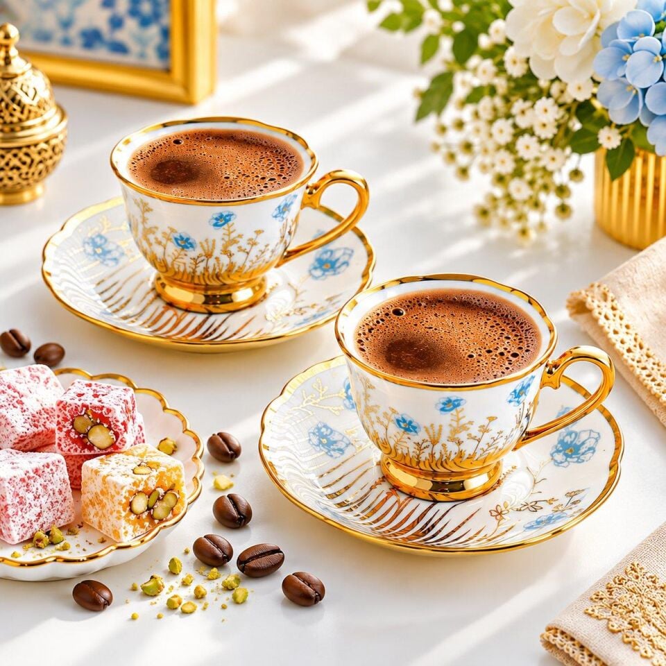 Valkyrie 6 Kişilik 13 Parça Türk Kahvesi Fincan Takımı Standlı 90 ml Mavi Çiçek Gold Detaylı K655 Mavi