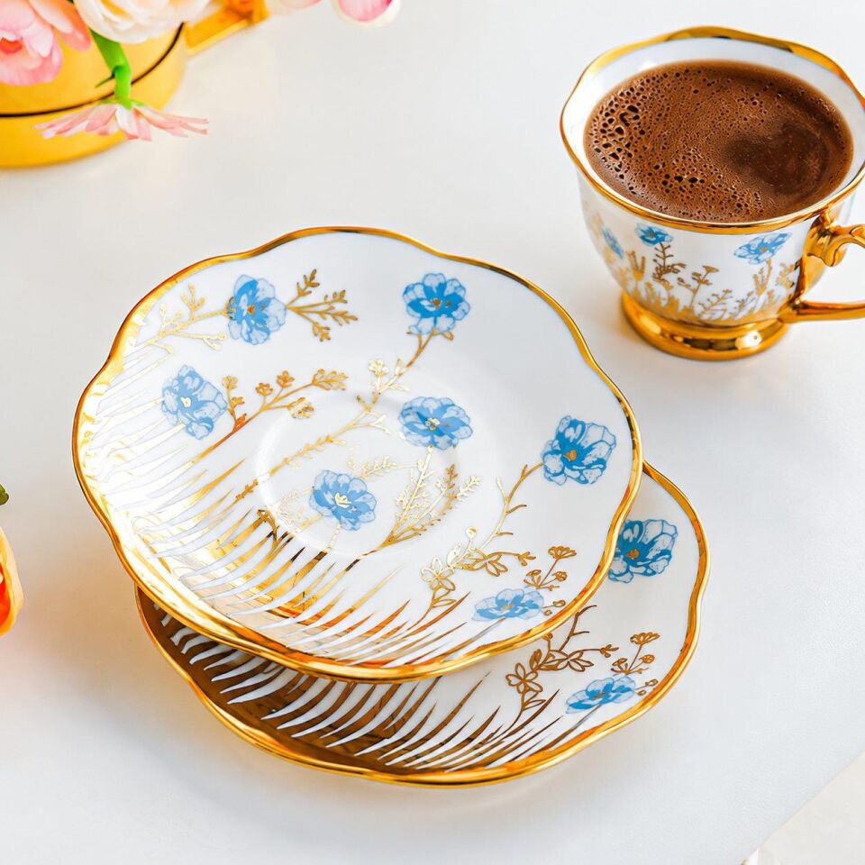 Valkyrie 6 Kişilik 13 Parça Türk Kahvesi Fincan Takımı Standlı 90 ml Mavi Çiçek Gold Detaylı K655 Mavi