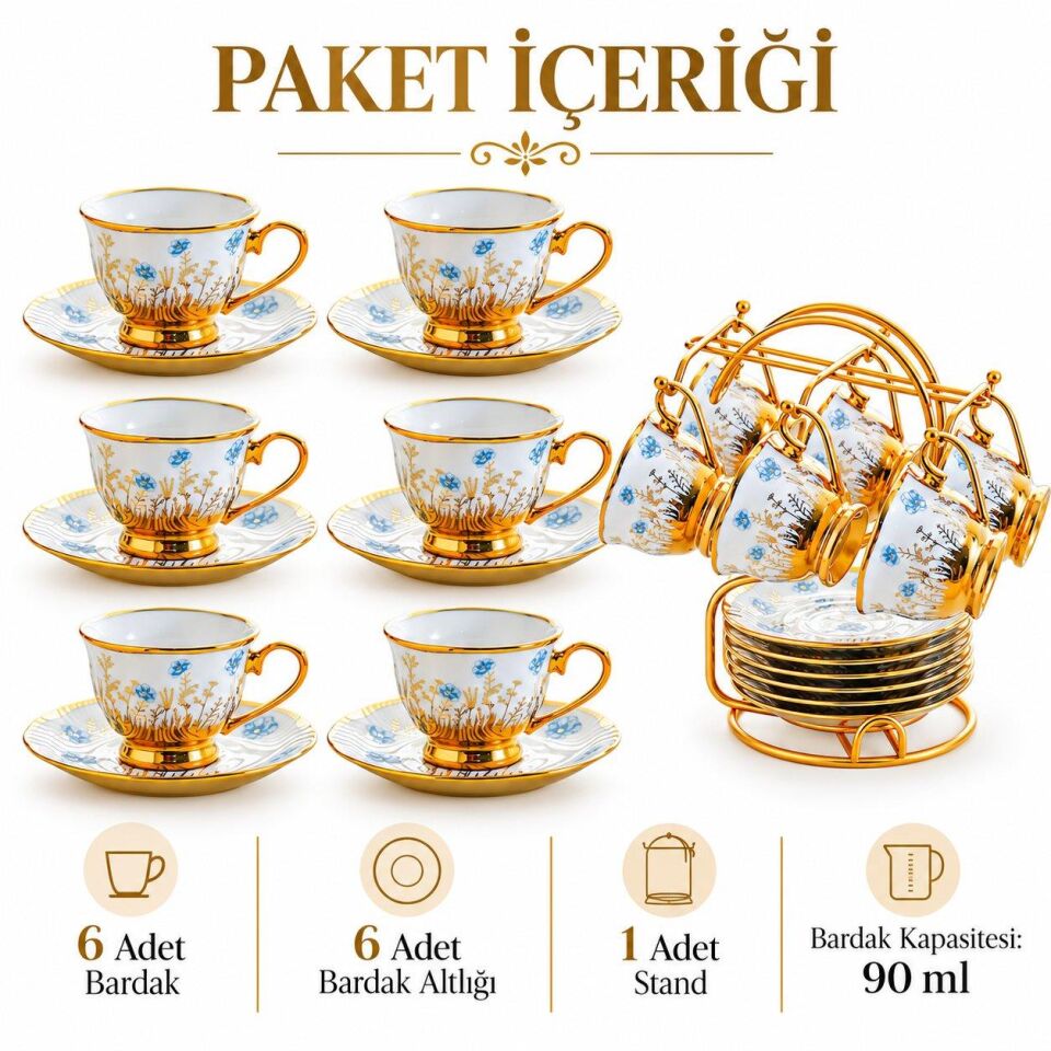 Valkyrie 6 Kişilik 13 Parça Türk Kahvesi Fincan Takımı Standlı 90 ml Mavi Çiçek Gold Detaylı K655 Mavi