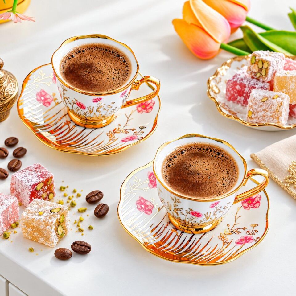 Valkyrie 6 Kişilik 13 Parça Standlı Kahve Fincanı Seti 90 ml Çiçek Desenli Altın Detaylı K655 Pembe