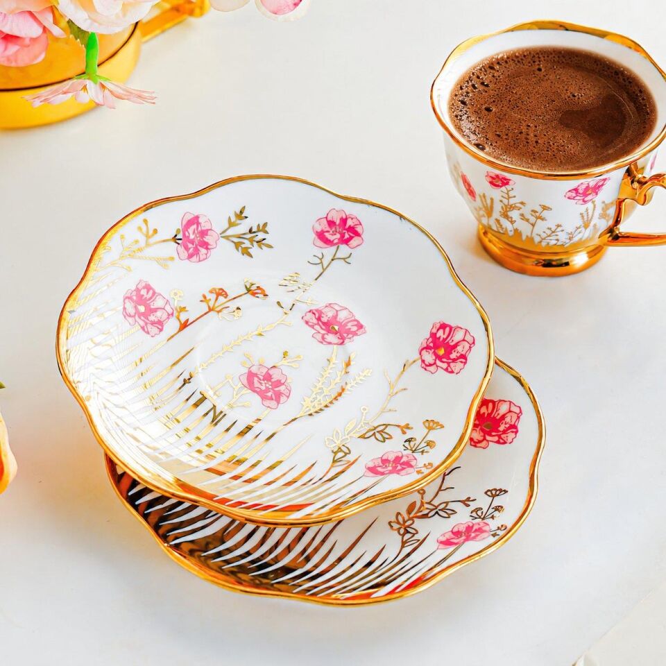 Valkyrie 6 Kişilik 13 Parça Standlı Kahve Fincanı Seti 90 ml Çiçek Desenli Altın Detaylı K655 Pembe