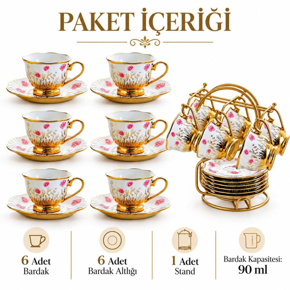 Valkyrie 6 Kişilik 13 Parça Standlı Kahve Fincanı Seti 90 ml Çiçek Desenli Altın Detaylı K655 Pembe
