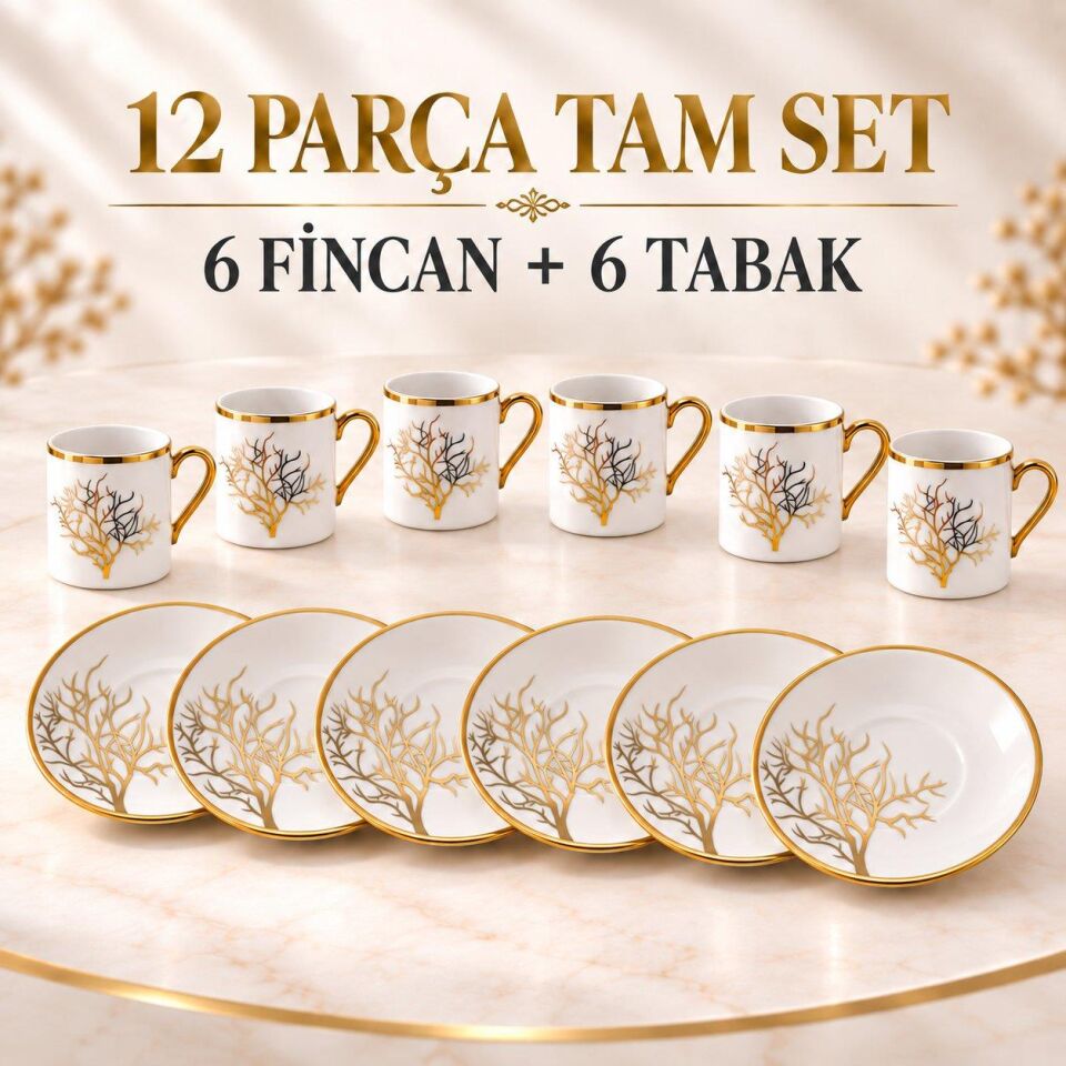 Valkyrie 12 Parça 6 Kişilik 80 ml Türk Kahvesi Fincan Takımı Gold Detaylı Ağaç Desenli K654-A