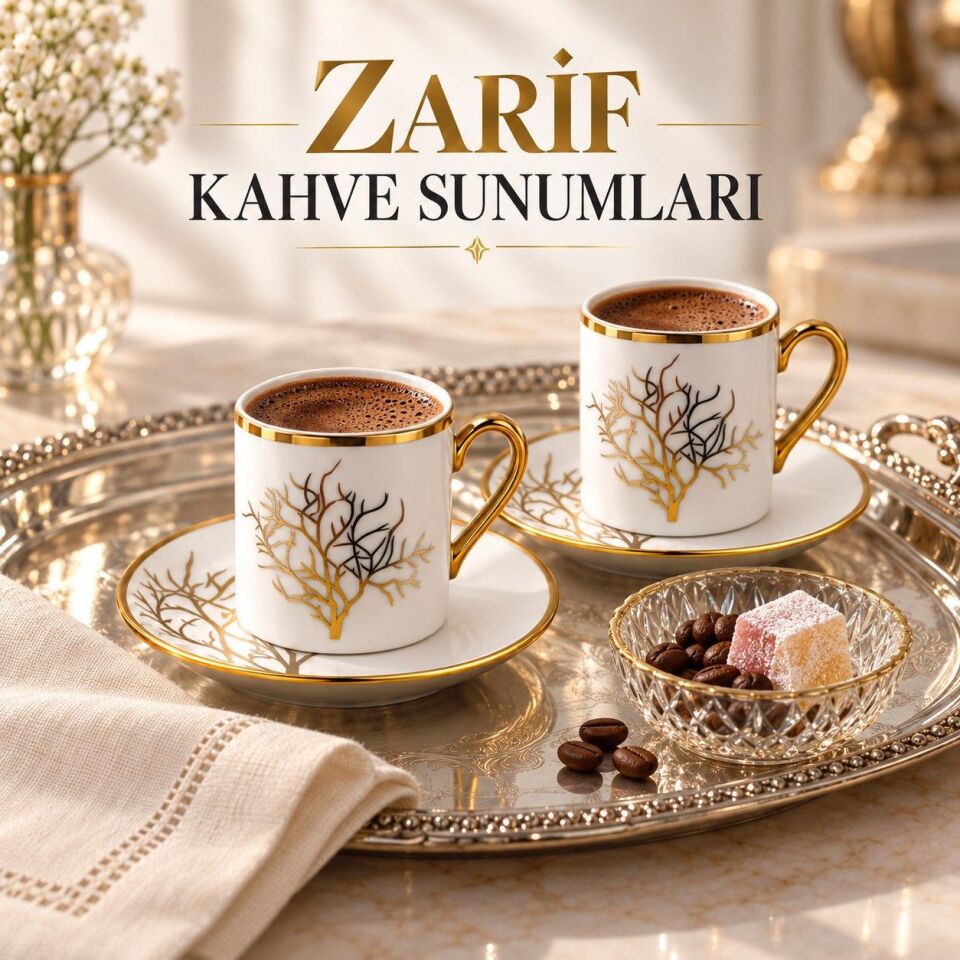 Valkyrie 12 Parça 6 Kişilik 80 ml Türk Kahvesi Fincan Takımı Gold Detaylı Ağaç Desenli K654-A