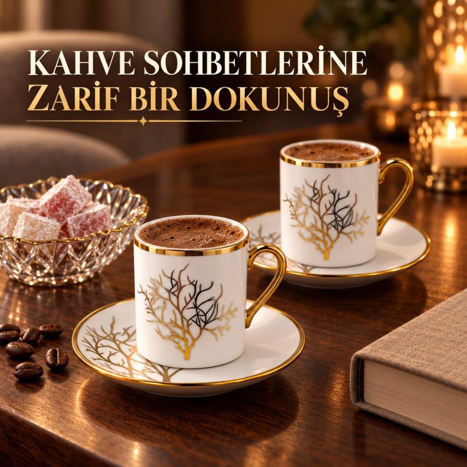 Valkyrie 12 Parça 6 Kişilik 80 ml Türk Kahvesi Fincan Takımı Gold Detaylı Ağaç Desenli K654-A