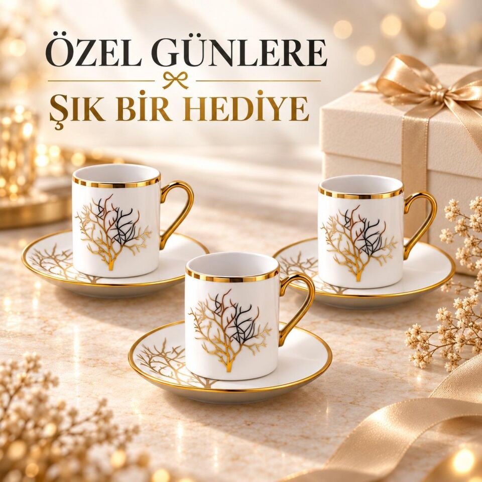 Valkyrie 12 Parça 6 Kişilik 80 ml Türk Kahvesi Fincan Takımı Gold Detaylı Ağaç Desenli K654-A