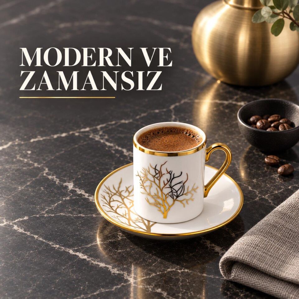 Valkyrie 12 Parça 6 Kişilik 80 ml Türk Kahvesi Fincan Takımı Gold Detaylı Ağaç Desenli K654-A
