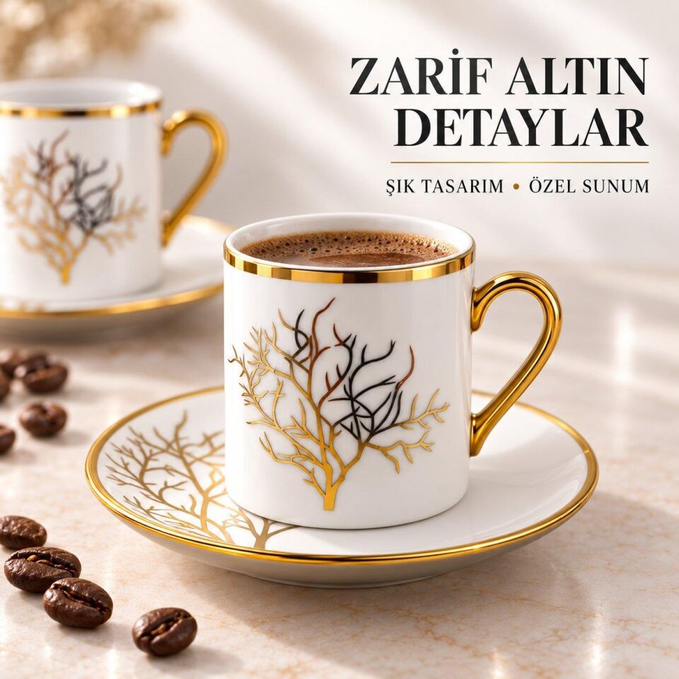 Valkyrie 12 Parça 6 Kişilik 80 ml Türk Kahvesi Fincan Takımı Gold Detaylı Ağaç Desenli K654-A
