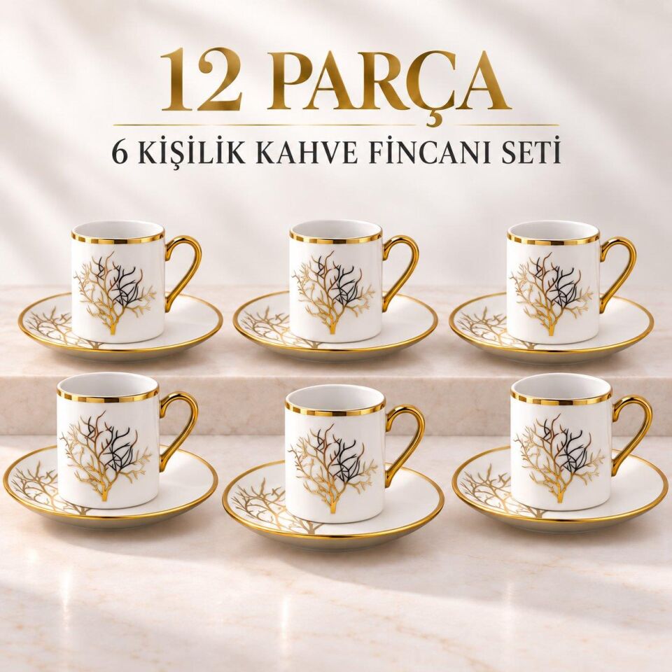 Valkyrie 12 Parça 6 Kişilik 80 ml Türk Kahvesi Fincan Takımı Gold Detaylı Ağaç Desenli K654-A